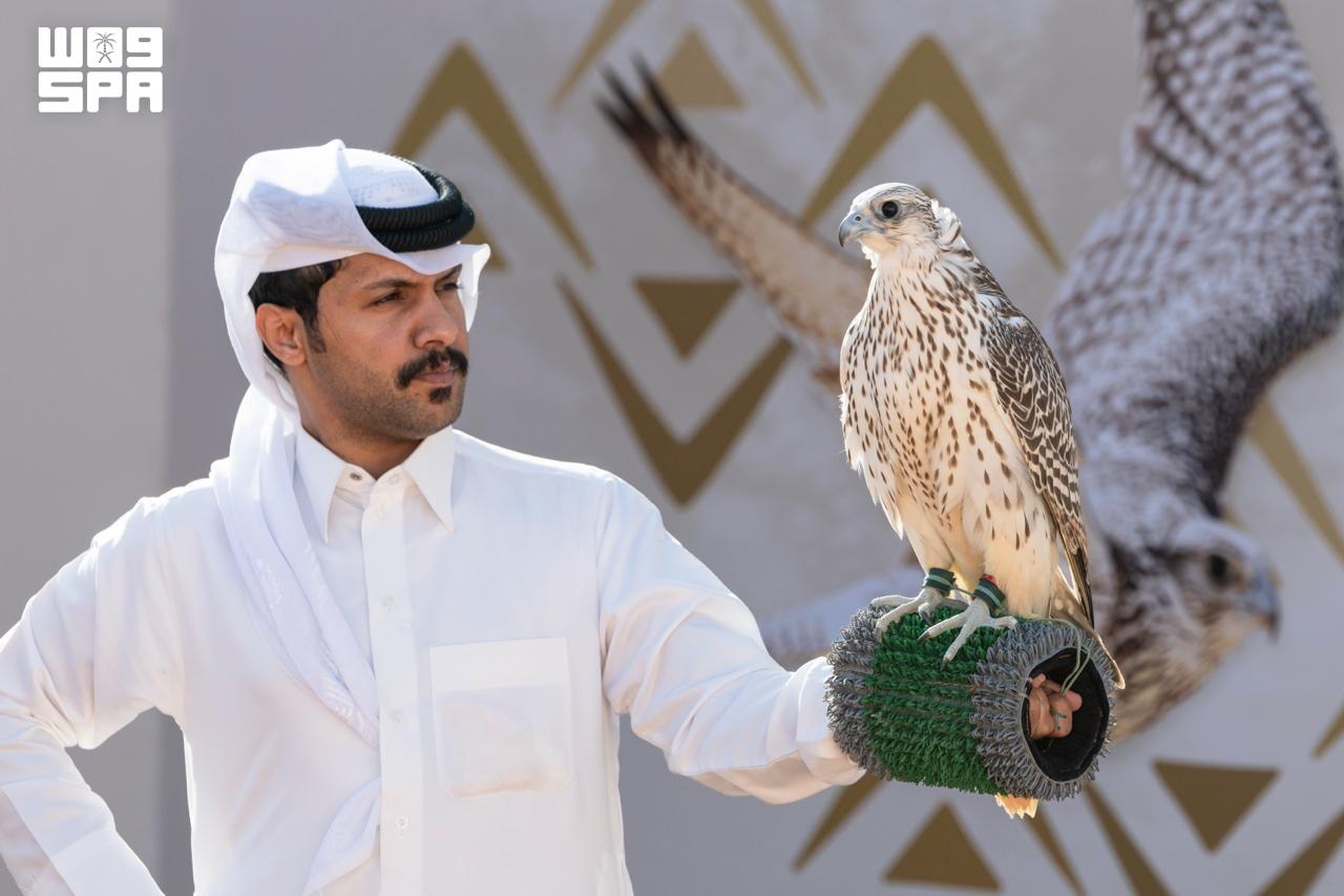 A falconer holds a falcon during Al-Melwah race activities at the Saudi Falcons and Hunting Exhibition 2026.