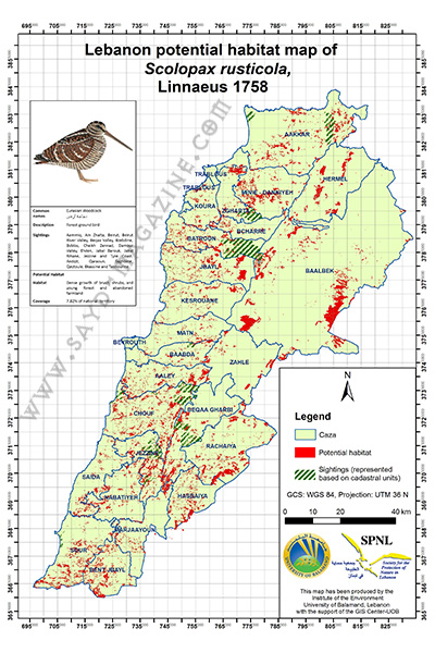 خريطة تواجد طريدة دجاجة الأرض في لبنان